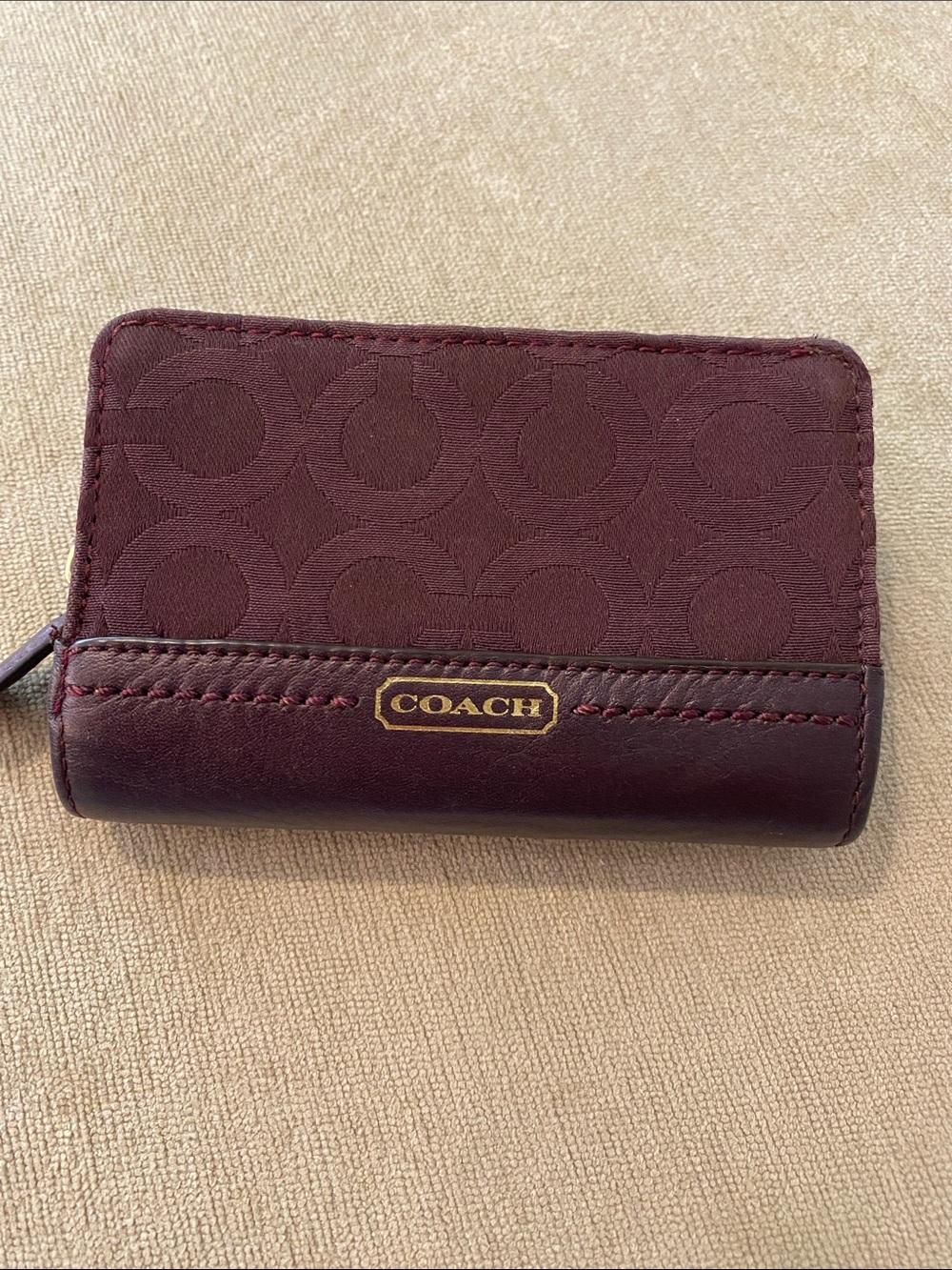 Coach Burgundy Signature Zip Card Holder with Gold Logo